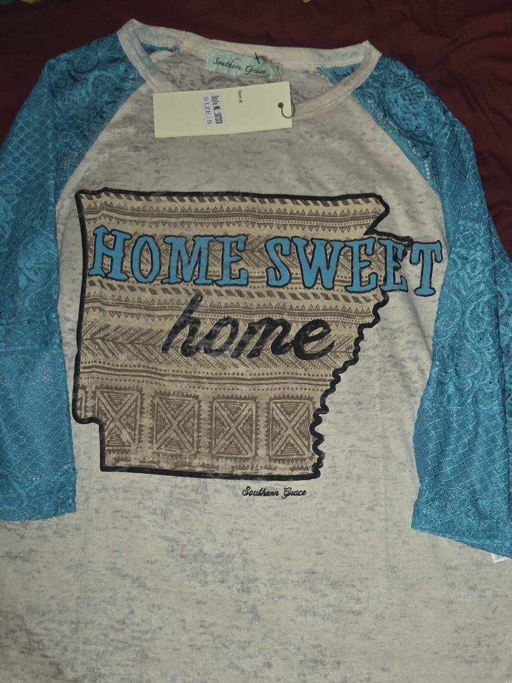 Southern Grace Cream Heather Tee with Turquoise Raglan Lace Sleeves